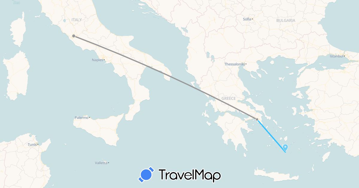 TravelMap itinerary: driving, plane, boat in Greece, Italy (Europe)